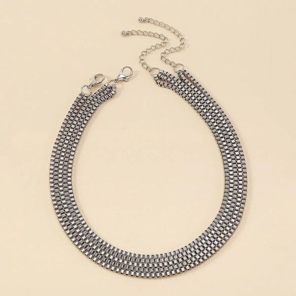 Silvertone Box Chain Multi Strand Necklace Quiet Luxury Classic Layered Multiple - Picture 4 of 4